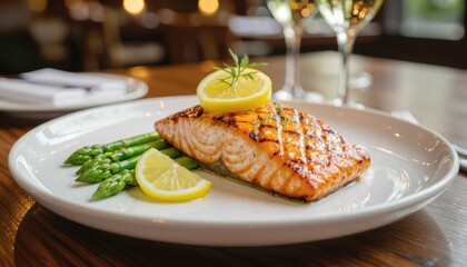 Grilled salmon fillet with lemon and asparagus served on plate  