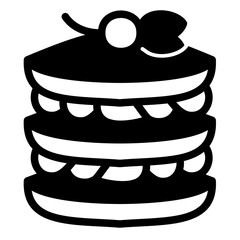 Puff pastry with cream and cherry solid icon, desert sweets concept. Vector graphics. Baked pancakes sign on white background, style icon mobile or web design.