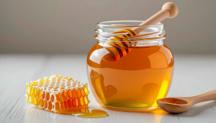 Honey jar with honeycomb and wooden dipper on white background  