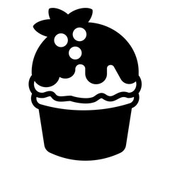 Ice cream with chocolate glaze and berries solid icon, desert sweets concept. Vector graphics. Icecream in waffle cup sign on white background, style icon mobile or web design.