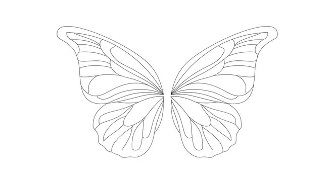 A black and white outline drawing of a pair of butterfly wings, symmetrical and detailed.