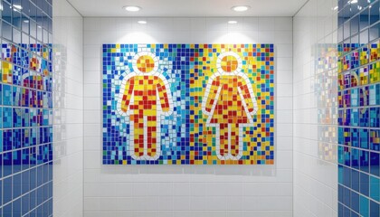 Mosaic signs for male and female restrooms in modern facility  