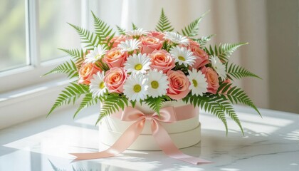 Floral arrangement of pink roses and white daisies in a round box with a satin bow