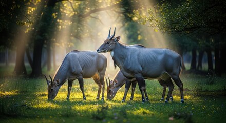 Grazing antelope herd in sunlit forest clearing