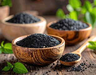 Black seeds spilling out of wooden bowls with a wooden spoon and foliage