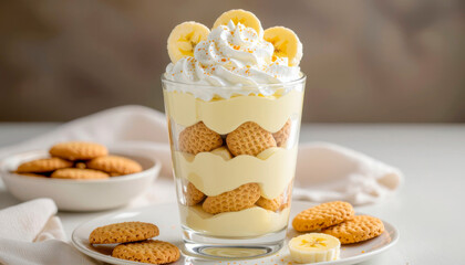 Creamy banana pudding with whipped cream and cookies in glass  