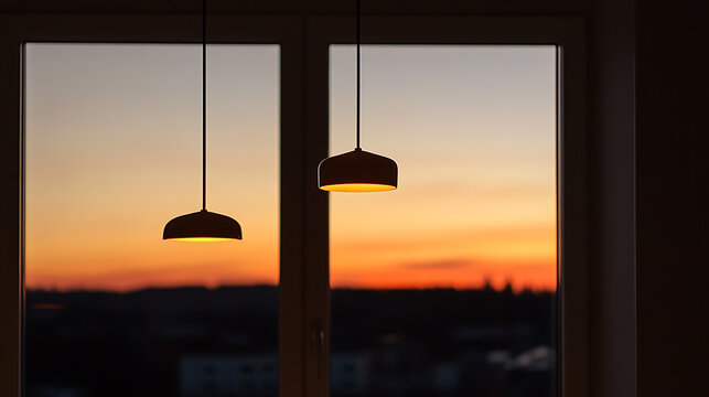 Two pendant lights softly illuminate a room as dusk settles, casting an orange glow across the sky seen through the window, blending interior warmth with the evening's hues. - Powered by Adobe