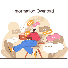 Person Overwhelmed by Information and Communication Overload Sitting in Chair Surrounded by Speech Bubbles and Digital Tablet in Muted Earth Tones With Soft Lighting