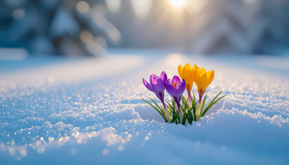 Multicolored crocuses blooming under the snow, the first flowers
