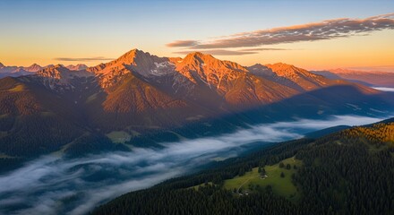 Aerial view of the majestic alps mountains during a vibrant sunrise, with golden light illuminating the peaks and a sea of fog filling the valley below, creating a serene and breathtaking landscape