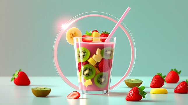 Refreshing fruit smoothie with strawberry, kiwi, and banana on a white table