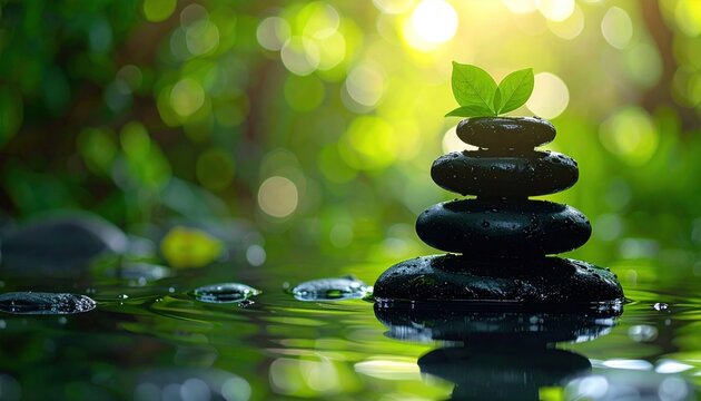 Black stones stacked with leaves atop, tranquil water, and vibrant green bokeh