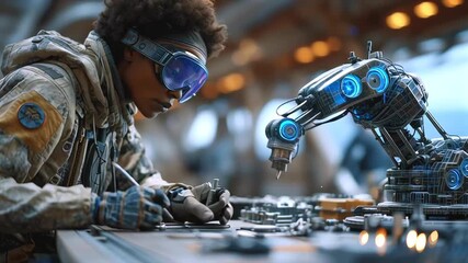 Professional engineer calibrating robotic arm, showcasing precision metalworking skills in high tech industrial facility, representing advanced manufacturing technology