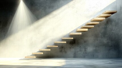 A modern, minimalist staircase made of light wood planks appears to float against a rough, textured concrete wall, with a bright spotlight shining from the uppe