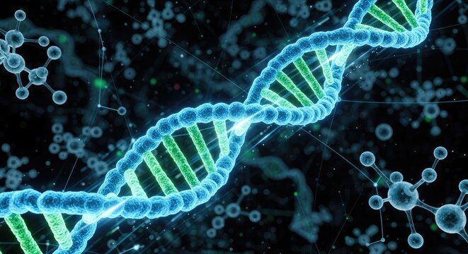 A mesmerizing 3d rendering showcases a dna double helix structure, illuminated in vibrant blue and green, set against a backdrop of molecular formations, symbolizing genetic research