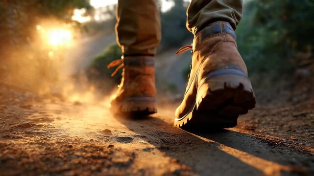 Sturdy hiking boots kicking up dust on a sunlit trail evoke adventure and outdoor exploration, perfect for travel or lifestyle content