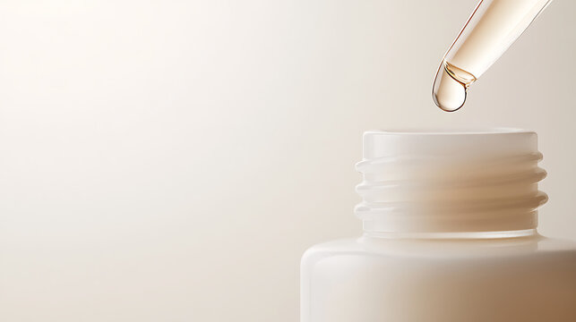 Serum dropper over an open bottle ready to deliver its skin-nourishing essence. The amber liquid looks luxurious. Focus on purity, rejuvenation, and a radiant complexion.