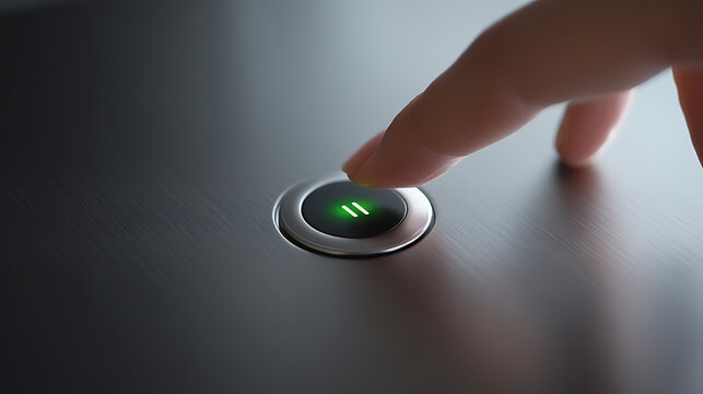 A finger presses a sleek, modern pause button with a green illuminated symbol, set against a brushed metal surface. The image exudes a sense of control and technological precision.
