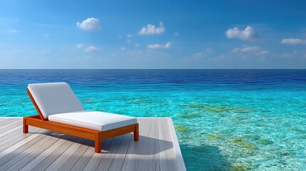 Obraz premium Wooden Lounge Chair on Deck Overlooking Turquoise Ocean and Blue Sky on a Sunny Day