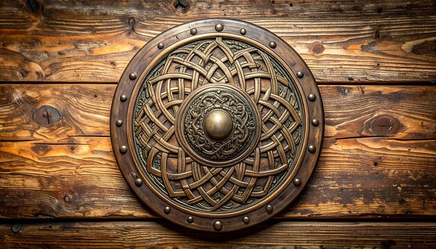 Intricate Celtic Shield on Rustic Wooden Background - A Symbol of Heritage. - Powered by Adobe