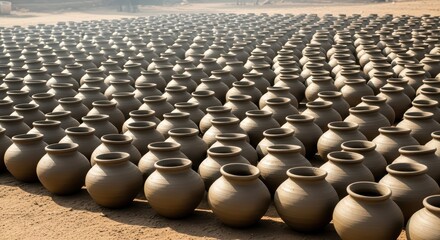 Obraz premium Rows of handmade clay pots drying in sunlit outdoor pottery workshop