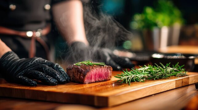 Chef preparing a juicy steak with fresh herbs, showcasing culinary skills and delicious food presentation in a stylish kitchen environment - Powered by Adobe