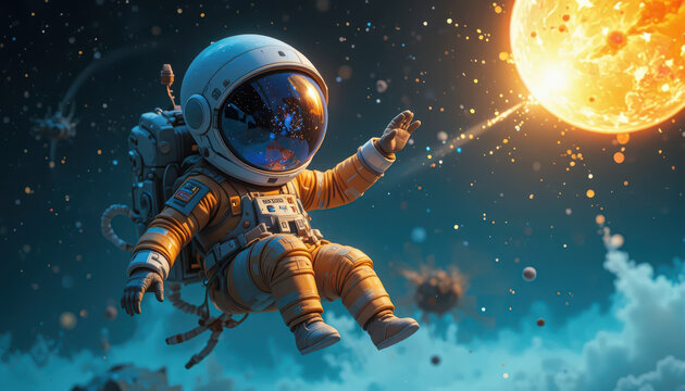 3D astronaut floating in outer space reaching toward glowing planet with dreamy cosmic background, symbolizing exploration, innovation, adventure, and limitless human imagination
