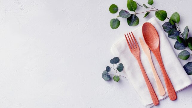 A set of wooden cutlery, including a fork, knife, and spoon, is arranged on a white cloth with eucalyptus leaves. - Powered by Adobe