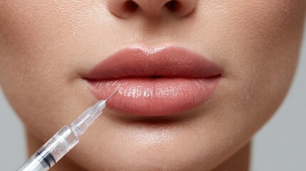 Naklejka premium Close-up of woman's lips receiving cosmetic lip injection for enhancement with syringe, showcasing beauty treatment and skincare procedure on elegant background