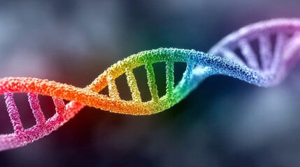 A close-up, detailed view of a DNA double helix, rendered in vibrant rainbow colors, against a softly blurred dark background.