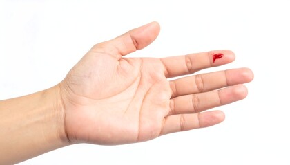 Minor injury care, hand with clean cut starting to bleed on white