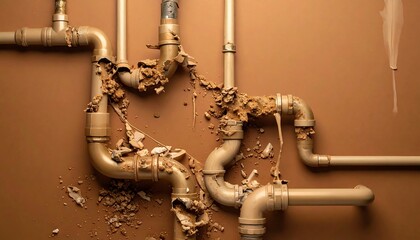 Blocked pipes symbolize internal struggle, digestive issues, or systemic problems on brown background