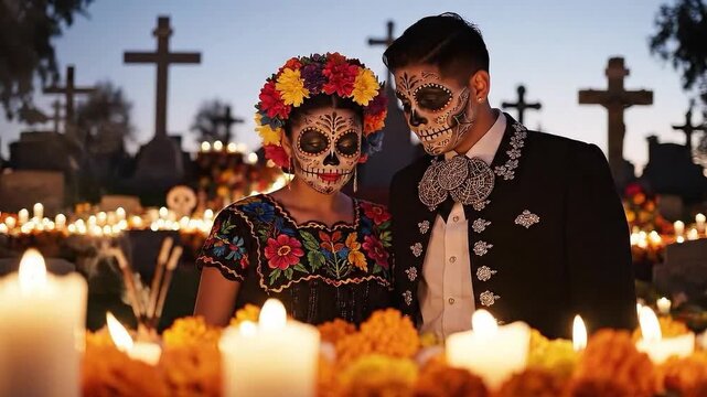ai generated dia de los muertos couple with sugar skull makeup in candlelit cemetery with marigolds and crosses at dusk. Day of the dead couple at dusk​. Sugar skull lovers in candlelight