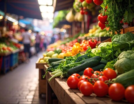 Bustling produce market, vibrant fresh vegetables on wooden stalls