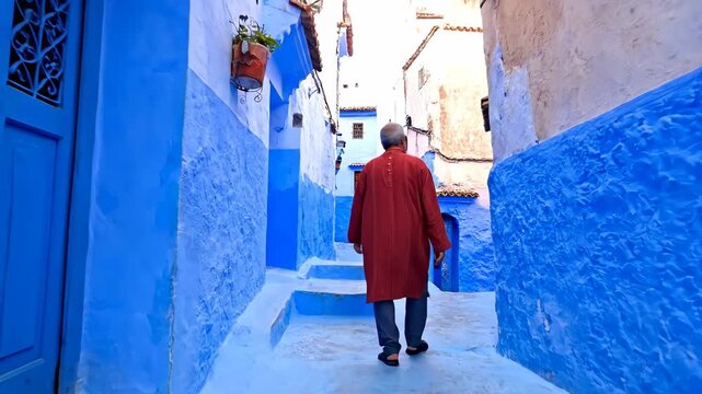 Man in red djellaba walking through the vibrant blue alleyways of Chefchaouen, Morocco, a captivating travel destination.