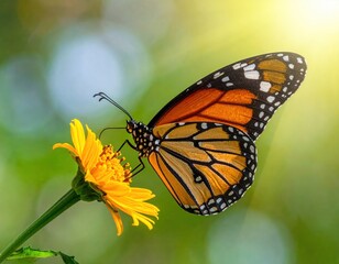 Fototapeta premium Butterfly rests on yellow flower, basking in sunlight, with vibrant wings