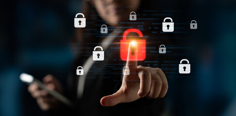 Fototapeta premium Digital security concept illustrating a cybersecurity breach, with a red unlocked padlock indicating data exposure among secure systems, emphasizing system vulnerability and risk Latch