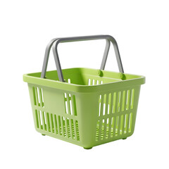 Bright green plastic shopping basket with gray handles, retail item. isolated on transparent background
