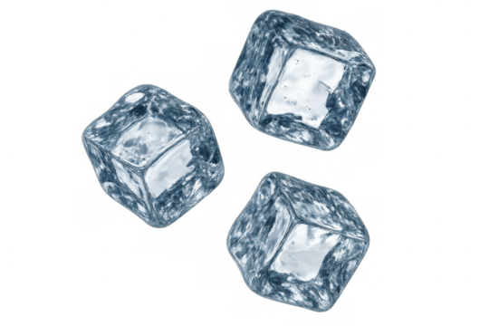 Three transparent ice cubes floating, chilling drinks, refreshing beverages, symbol of coolness and frozen water on alpha path