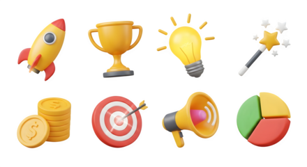 Business success, ideas, marketing, and finance 3d icons set isolated on transparent background