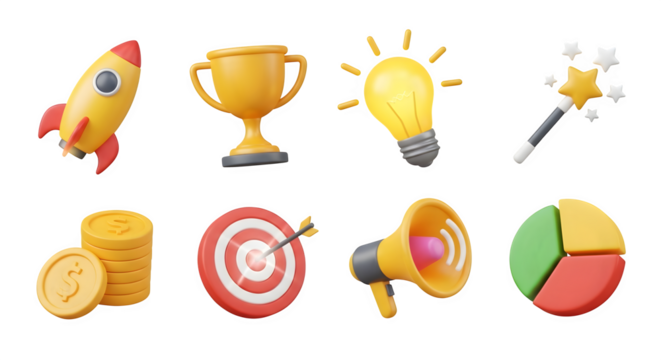 Business success, ideas, marketing, and finance 3d icons set isolated on transparent background