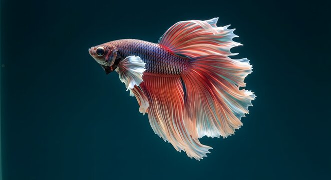 A vibrant and colorful betta fish swimming gracefully in clear water with flowing fins and detailed scales - Powered by Adobe