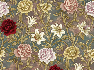 Victorian Rose and Lily Floral Pattern | Vintage Arts and Crafts Wallpaper