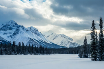 Obraz premium Alaskan Wilderness Winter Scene with Snow-Covered Peaks and Cloudy Sky