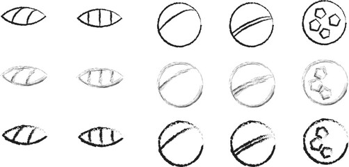 Fototapeta premium Hand-Drawn Collection of Sports Ball Icons Featuring Football, Rugby, and General Sphere Shapes in Sketch Style
