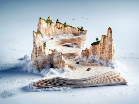 A surreal landscape where a large open book transforms into mountains, roads, and islands floating on clouds.