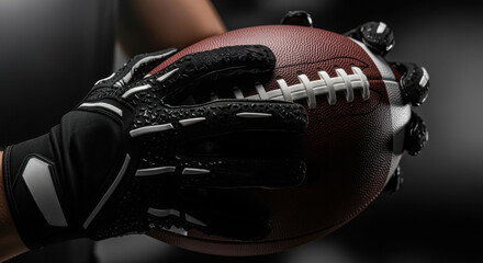 Close-up of a football player's gloved hands holding an American football. Athlete gripping a ball with textured sports equipment on a dark background