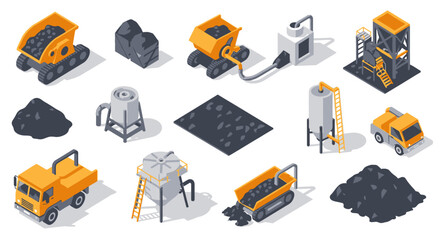 Isometric Collection of Coal Mining Machinery Extracting Resources with Trucks, Conveyors, and Storage