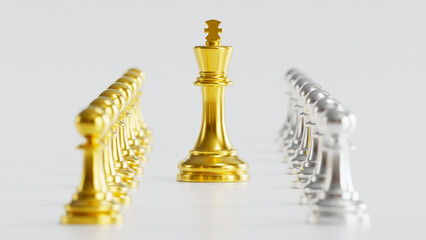 Golden King Chess Piece with Golden & Silver Pawn Rows Symbolizing Leadership & Strategic Alignment in Authoritative Force Direction