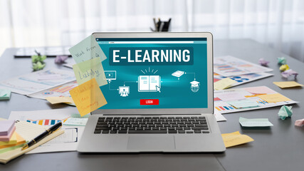 Sticky note for creative and analytic brainstorm for business idea with BI data dashboard on laptop...